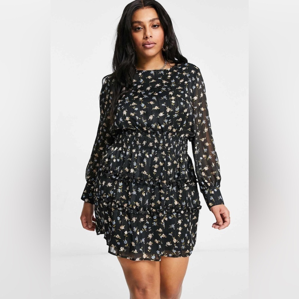 NWT Missguided Plus Mini Dress with Shirred Waist in Black Floral - Picture 3 of 12